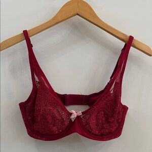Victoria's Secret Deep Red Lace Bra with pretty Pink Bow Accent - 32DD